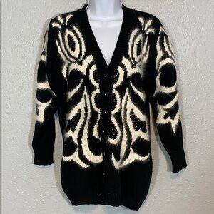 Vintage Christine Black & White Fuzzy Knit Cardigan, Beaded Button  Size M
